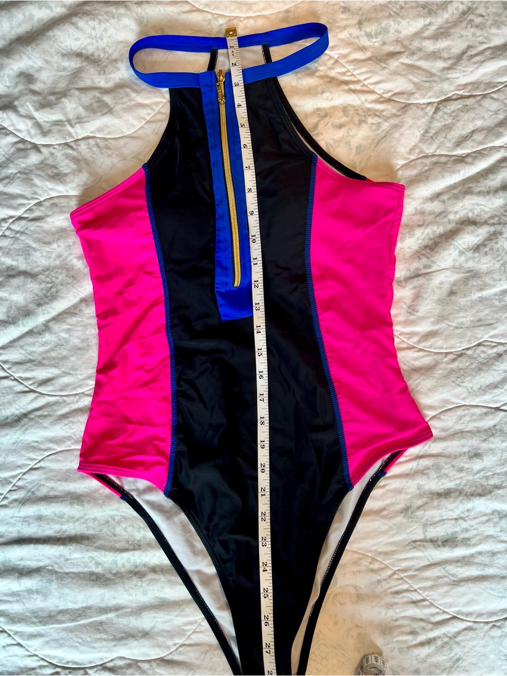 Colorblock One-Piece Swimsuit Front Zip in Black, Hot Pink & Royal Blue
